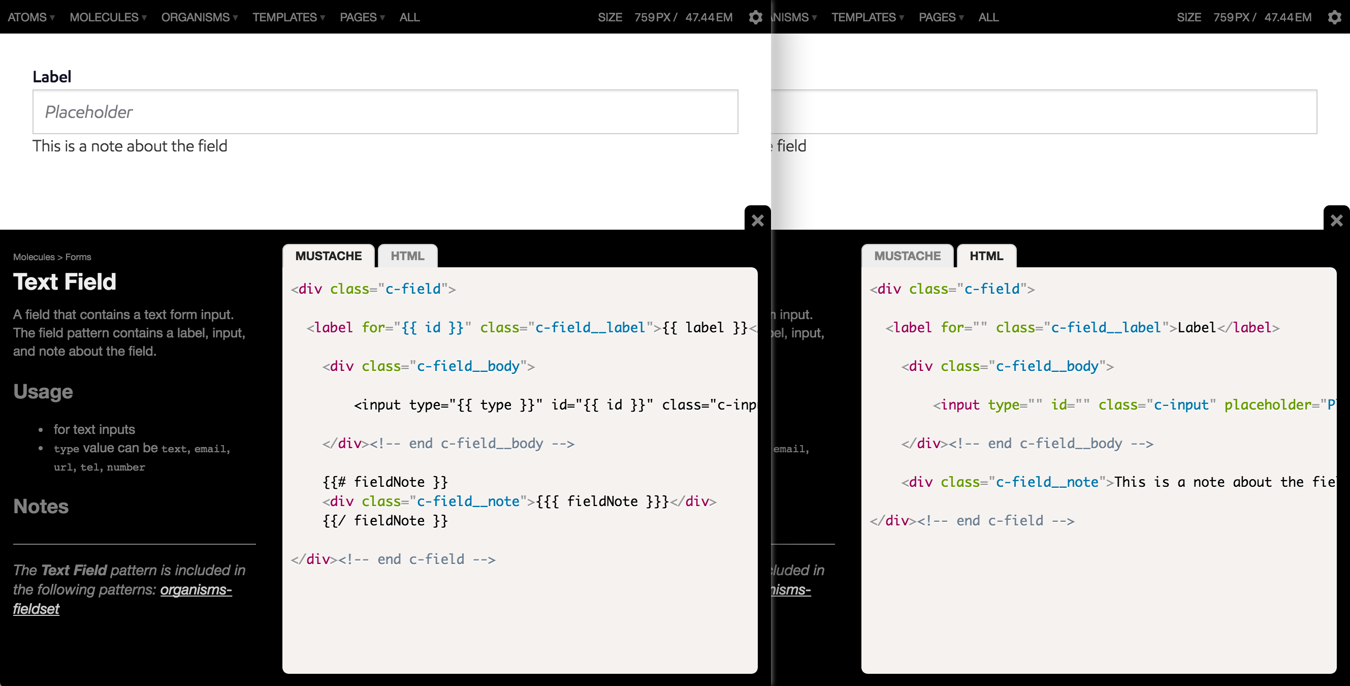 Pattern Lab's code view demonstrates both a pattern's template code and the compiled HTML.