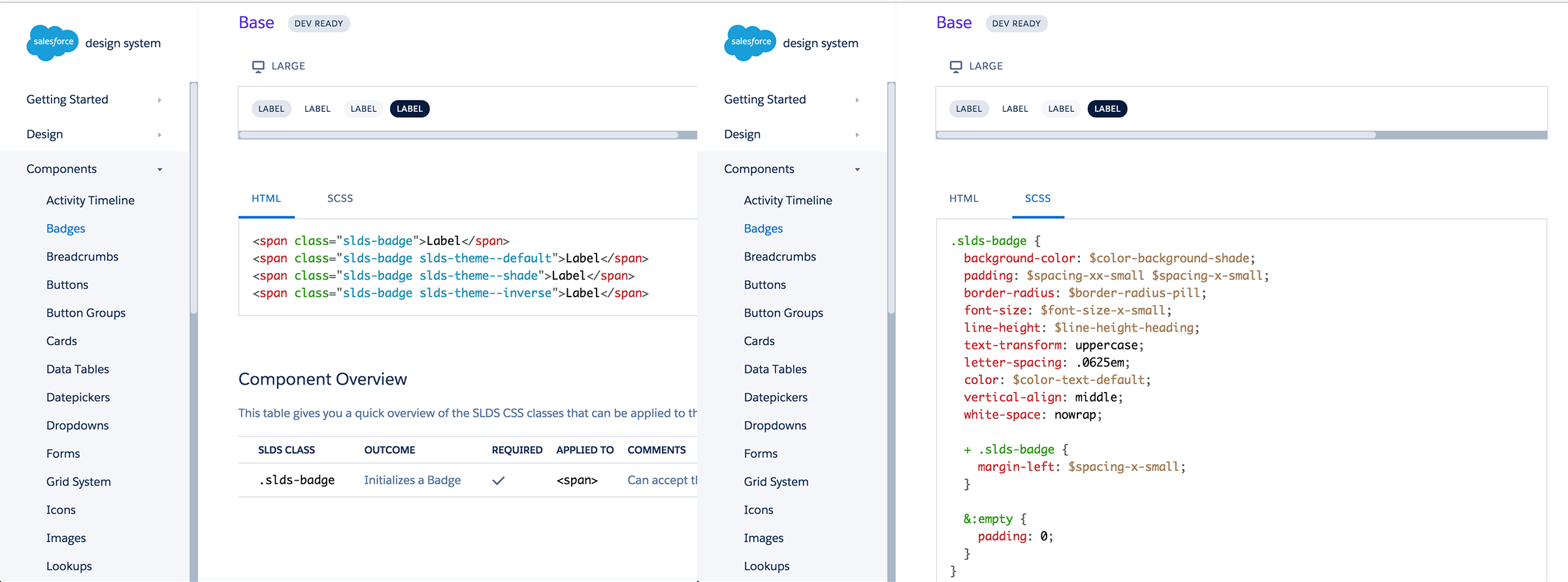 Salesforce's Lightning design system showcases the UI components' HTML and SCSS code.