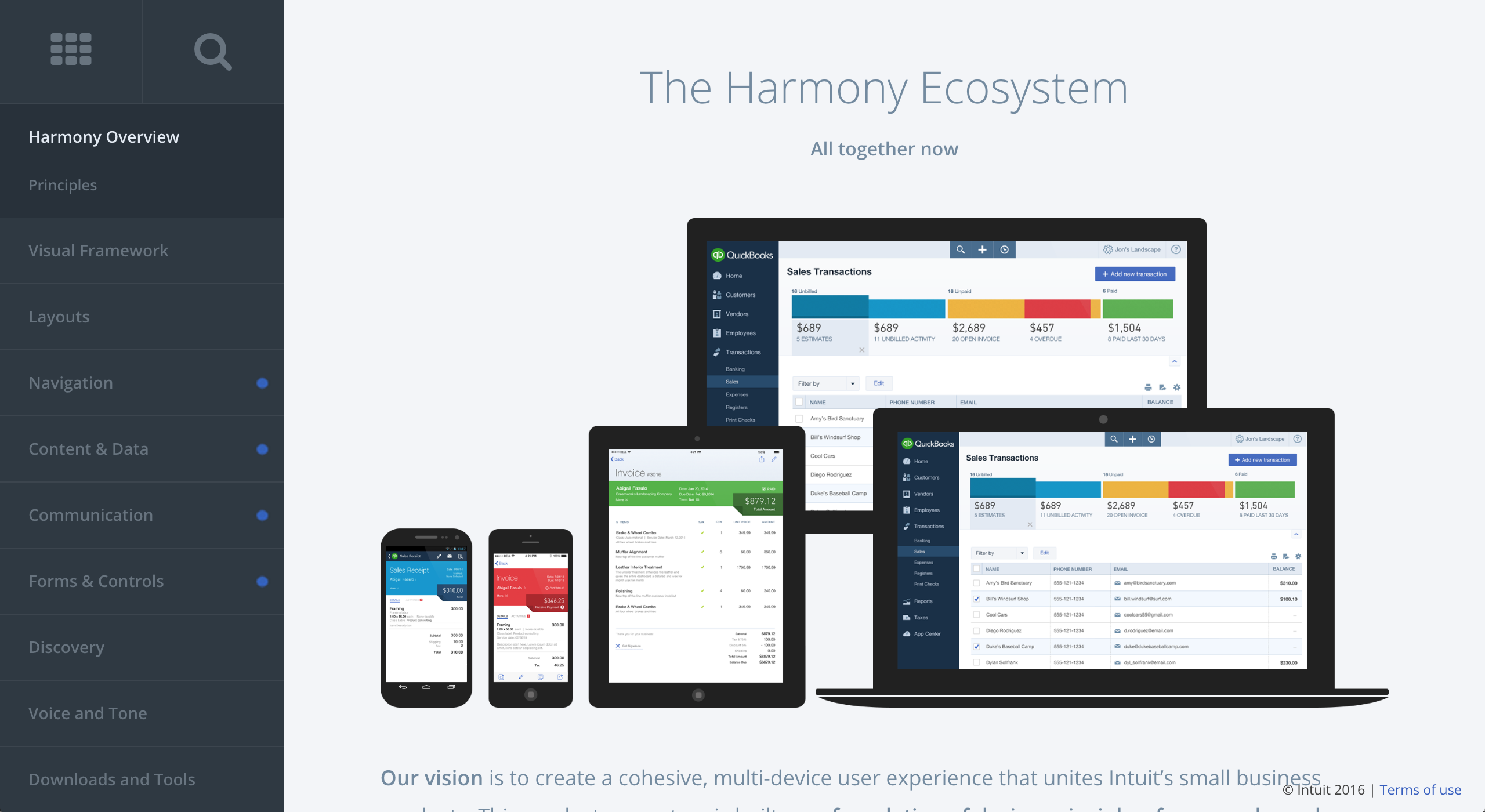 Intuit's Harmony design system includes a pattern library, design principles, voice and tone, marketing guidelines, and more. Housing this helpful documentation under one roof helps increase its visibility and effectiveness.