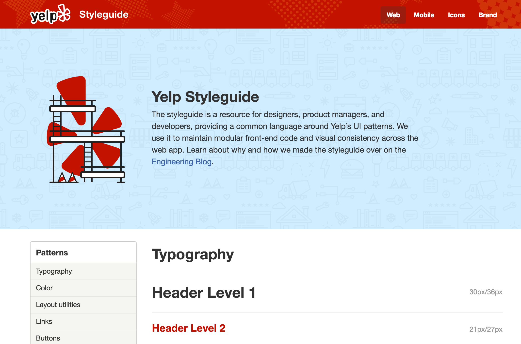 Yelp's style guide has an attractive, friendly front page that explains what the resource is, who it's for, and how to use it.