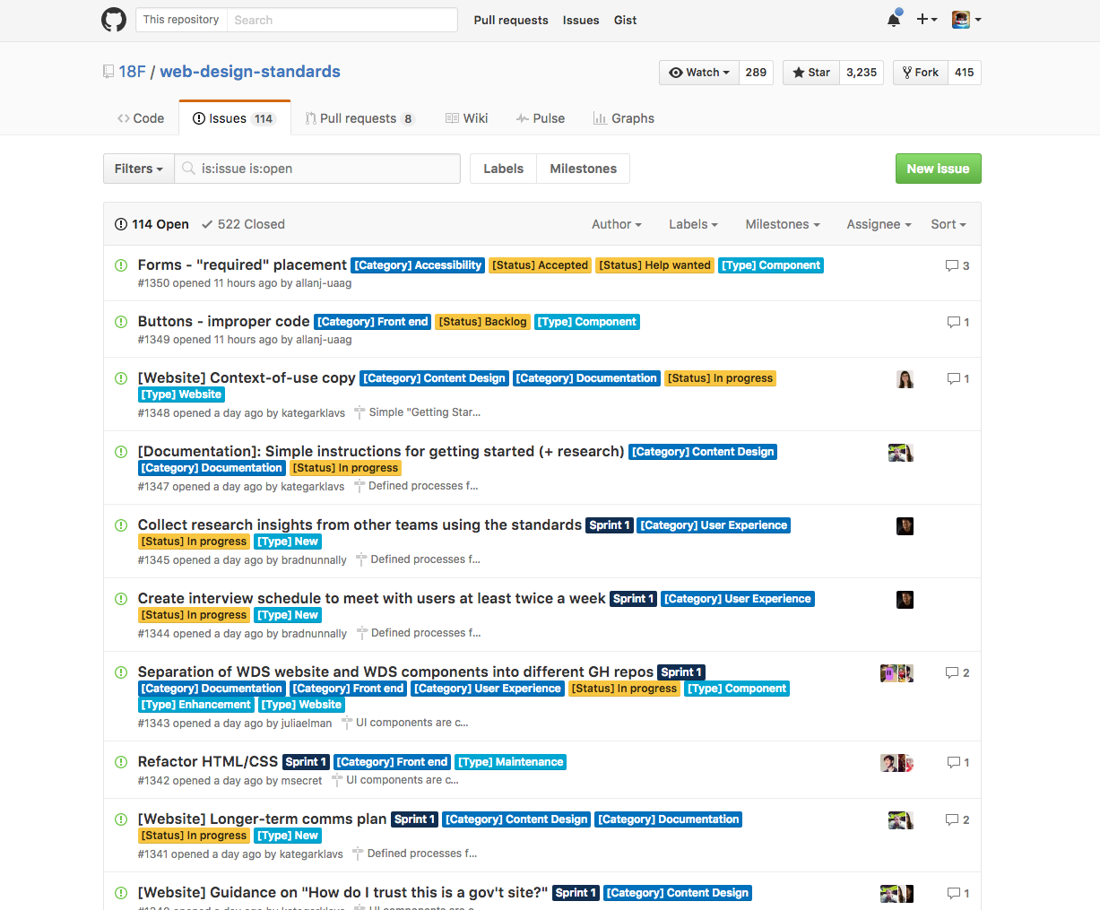 The Draft U.S. Web Digital Standards system tracks issues using GitHub, providing a place for users and makers to file bugs and have conversations about the nitty-gritty.